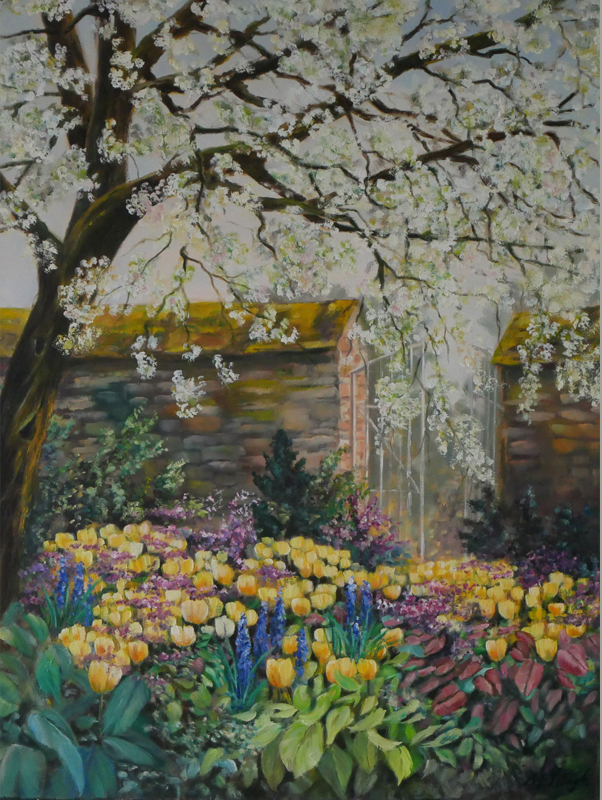 Garden in the springtime with old wall