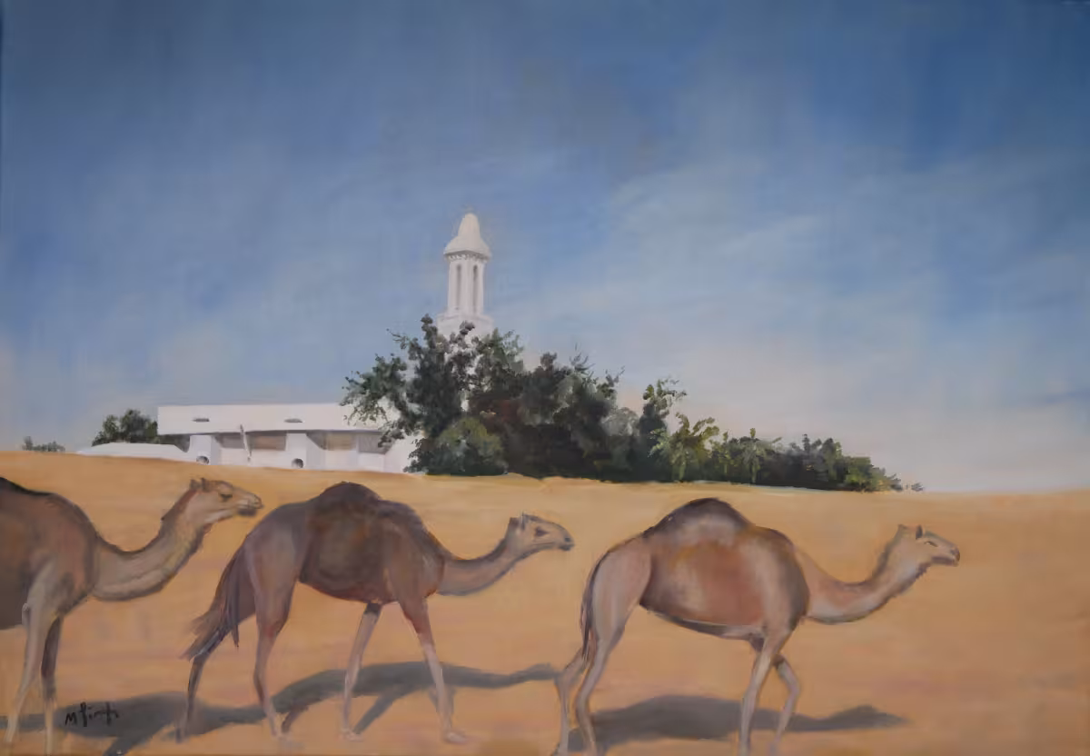 Kamele in der Wüste (in Dubai mit kleiner weißer Moschee)