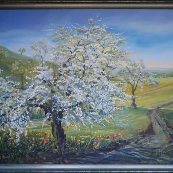 Blühender Apfelbaum am Weg